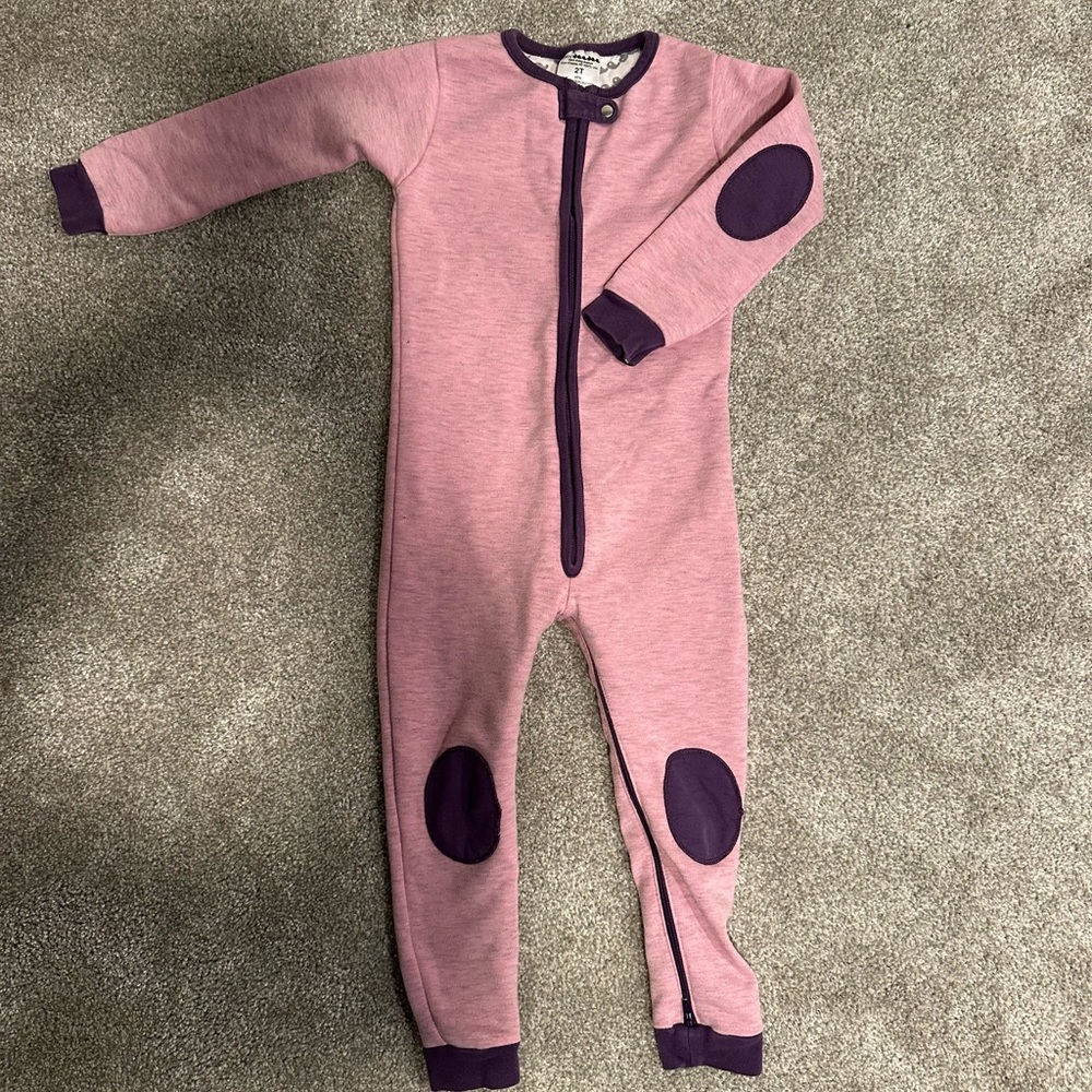 Girl’s Pink Footed Zipper Pajamas with Contrast Purple Patches